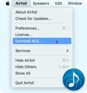 The Uninstall ACE commands in context in the Airfoil menu